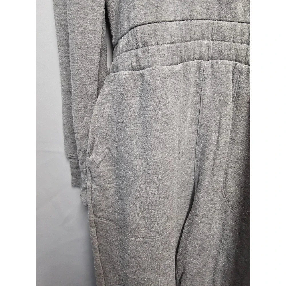 Athleta Girl gray one piece hooded jumpsuit 14 zipper thumb holes pockets